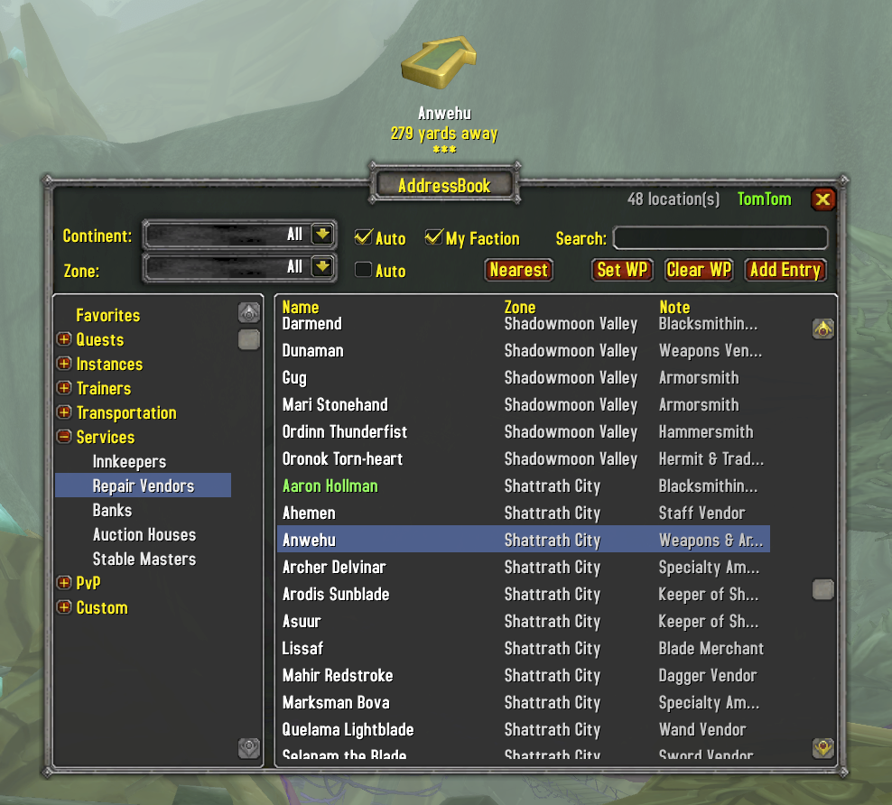AddressBook main window showing NPC categories and search