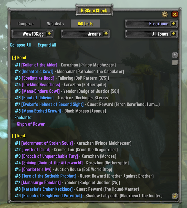 BISGearCheck BiS Lists tab with zone filter