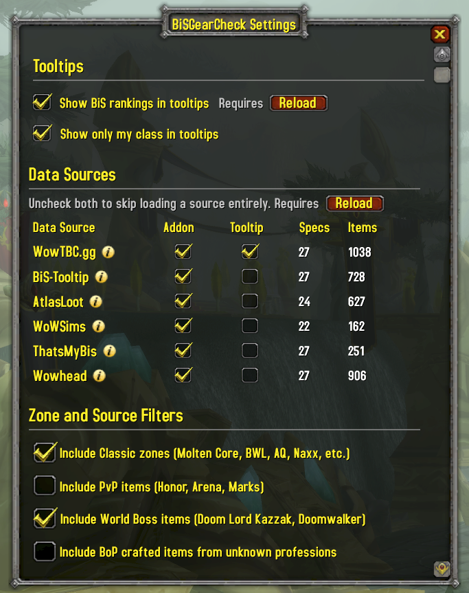 BISGearCheck Settings panel